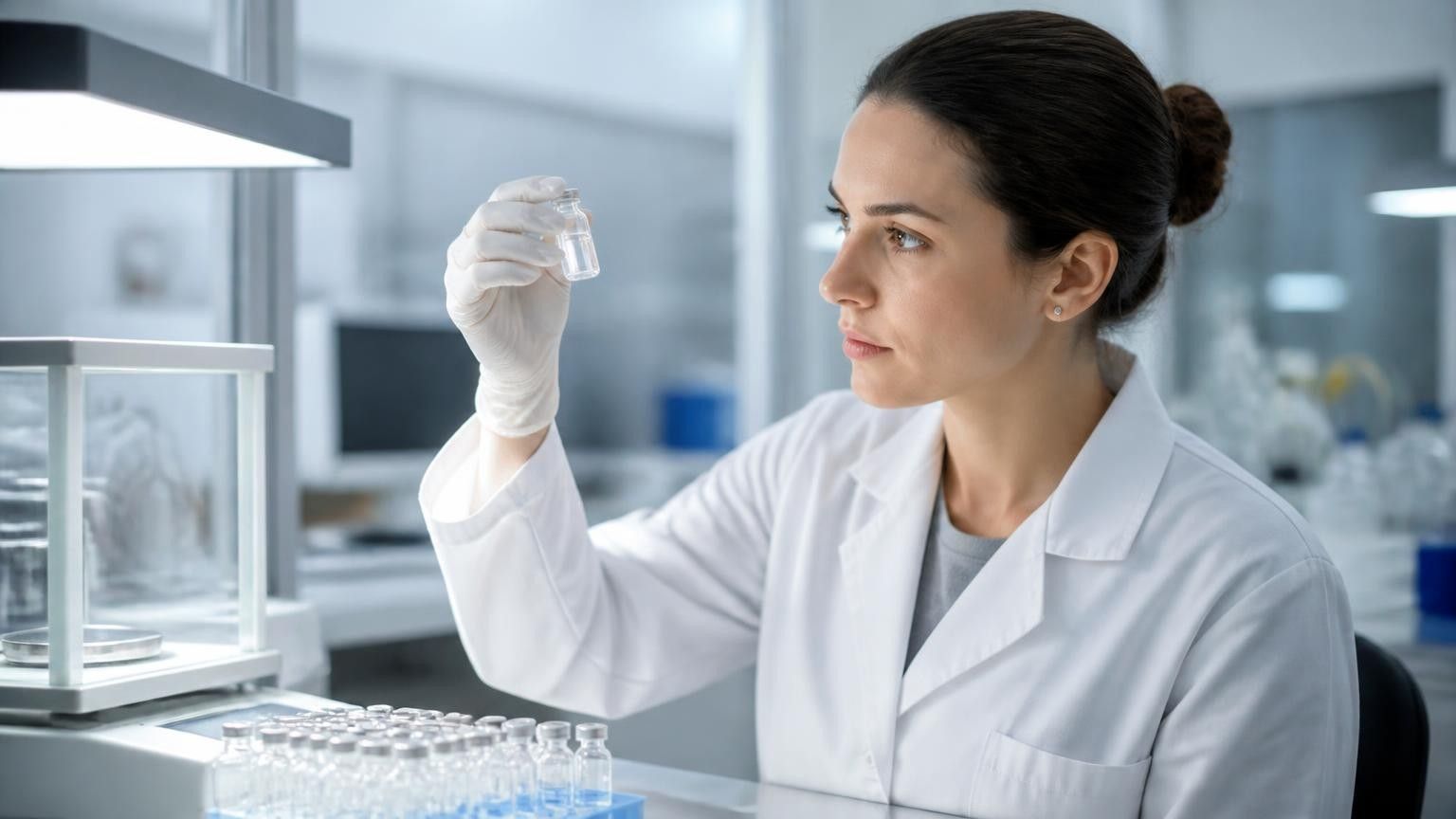 Researcher inspecting a vial